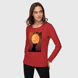 Лонгслив хлопковый женский Кот трогает луну, цвет: красный — фото 2