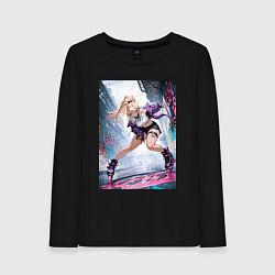 Лонгслив хлопковый женский Девушка на роликах исполняет трюки, цвет: черный