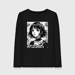 Женский лонгслив Аниме девушка портрет черно-белый