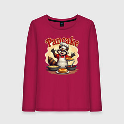 Лонгслив хлопковый женский Енот готовит панкейки, цвет: маджента