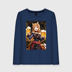 Лонгслив хлопковый женский Волчица Холо с кружками пива, цвет: тёмно-синий