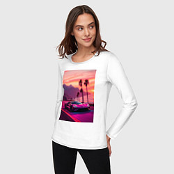 Лонгслив хлопковый женский Суперкар едет около океана, цвет: белый — фото 2