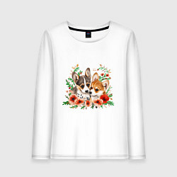 Лонгслив хлопковый женский Щенки корги, цвет: белый