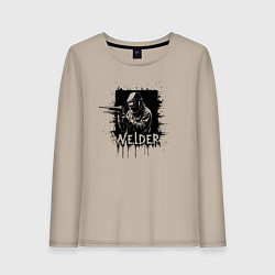Лонгслив хлопковый женский Сварщик в маске на черном квадрате, цвет: миндальный