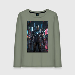 Лонгслив хлопковый женский Железный человек посреди ночного города, цвет: авокадо