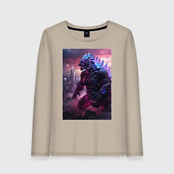 Лонгслив хлопковый женский Годзилла посреди мегаполиса, цвет: миндальный