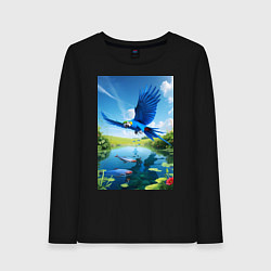Лонгслив хлопковый женский Попугай ловит рыбу, цвет: черный