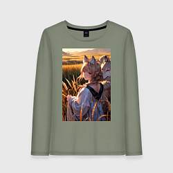 Женский лонгслив Девушка-волчица посреди поля пшеницы