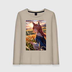 Женский лонгслив Девушка-волчица посреди поля пшеницы