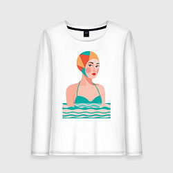 Лонгслив хлопковый женский Девушка в плавательной шапочке, цвет: белый