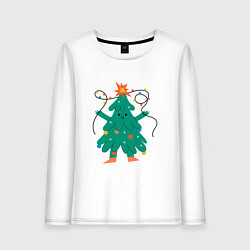 Лонгслив хлопковый женский Новогодняя елка с ногами, цвет: белый