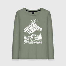 Лонгслив хлопковый женский Камчатский пейзаж с вулканом и волнами, цвет: авокадо