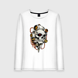 Лонгслив хлопковый женский Футуристичный кибернетический череп, цвет: белый