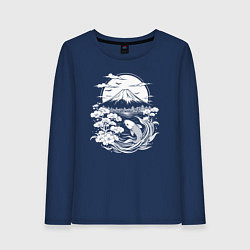 Лонгслив хлопковый женский Фудзи и карп кои, цвет: тёмно-синий