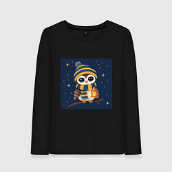 Лонгслив хлопковый женский Сова в шапке и шарфе с фонарём, цвет: черный