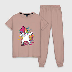 Пижама хлопковая женская Единорог кидает даб, цвет: пыльно-розовый
