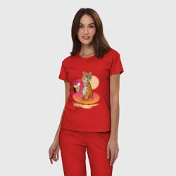 Пижама хлопковая женская Тигр на фламинго, цвет: красный — фото 2