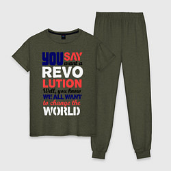 Пижама хлопковая женская The Beatles Revolution, цвет: меланж-хаки