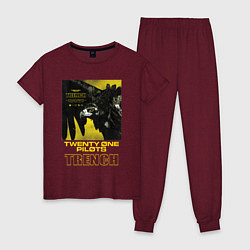 Пижама хлопковая женская TOP: TRENCH, цвет: меланж-бордовый