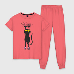 Пижама хлопковая женская Висящий кот, цвет: коралловый