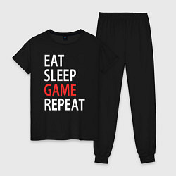 Пижама хлопковая женская Eat sleep game repeat, цвет: черный