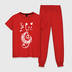 Пижама хлопковая женская Котик музыкальный белый, цвет: красный