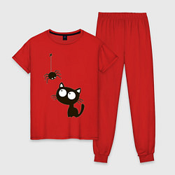 Пижама хлопковая женская Котик и паучек, цвет: красный