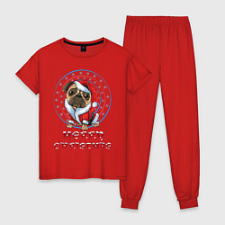 Пижама хлопковая женская Мопс Pug, цвет: красный