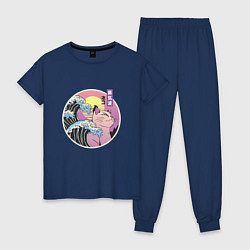Пижама хлопковая женская Vaporwave Sunset Кот Самурай, цвет: тёмно-синий