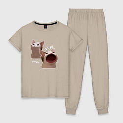 Пижама хлопковая женская Cat Pop - Мем, цвет: миндальный