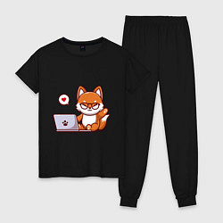 Пижама хлопковая женская Cute fox and laptop, цвет: черный