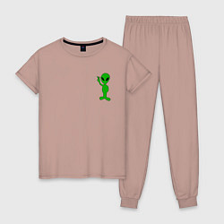 Пижама хлопковая женская Инопланетянин зеленый, цвет: пыльно-розовый
