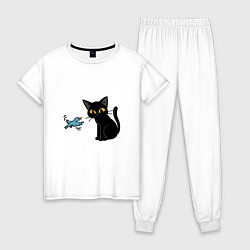 Пижама хлопковая женская Котик и птичка, цвет: белый