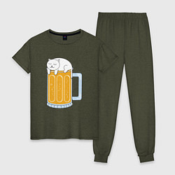 Пижама хлопковая женская Beer Cat, цвет: меланж-хаки