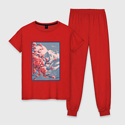 Пижама хлопковая женская Цветение Сакуры на фоне Фудзи, цвет: красный