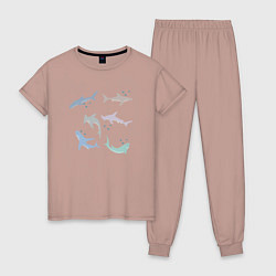 Пижама хлопковая женская Акулы разные, цвет: пыльно-розовый