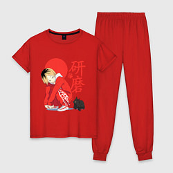 Пижама хлопковая женская Кенма Козуме с котиком Haikyuu, цвет: красный