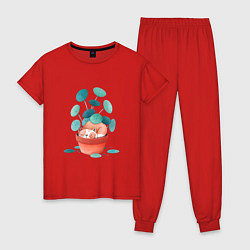 Пижама хлопковая женская Котик и цветы, цвет: красный
