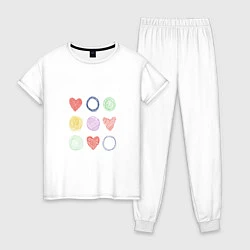 Пижама хлопковая женская Цветные сердца и круги, цвет: белый