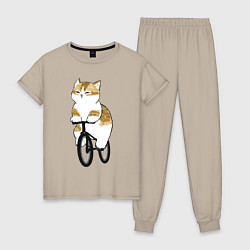Пижама хлопковая женская Котик на велосипеде, цвет: миндальный