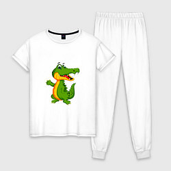 Пижама хлопковая женская Зеленый крокодильчик машет, цвет: белый