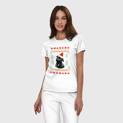 Пижама хлопковая женская Рождественский свитер Черный мопс, цвет: белый — фото 2