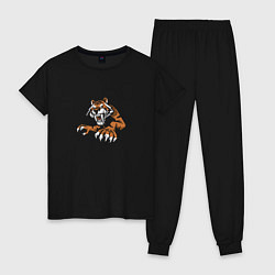 Пижама хлопковая женская Тигр в ярости, цвет: черный