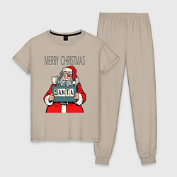 Пижама хлопковая женская Merry Christmas: Санта с синяком, цвет: миндальный