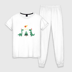 Пижама хлопковая женская Динозаврики и елка, цвет: белый