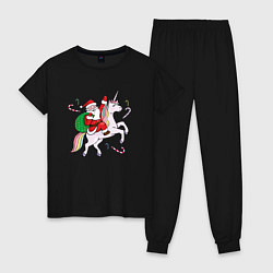 Пижама хлопковая женская Дед мороз на единороге 2022, цвет: черный