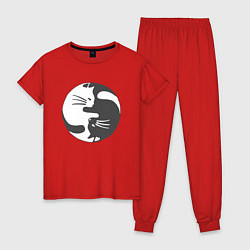 Пижама хлопковая женская Коты инь янь 01, цвет: красный