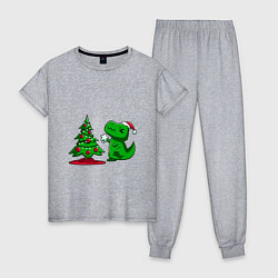 Пижама хлопковая женская Рождественский динозавр Christmas dinosaur, цвет: меланж