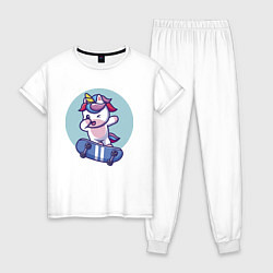 Пижама хлопковая женская Единорожка на скейте, цвет: белый