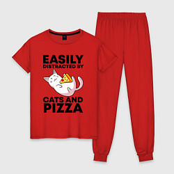 Пижама хлопковая женская Легко отвлекаюсь на котов и пиццу, цвет: красный
